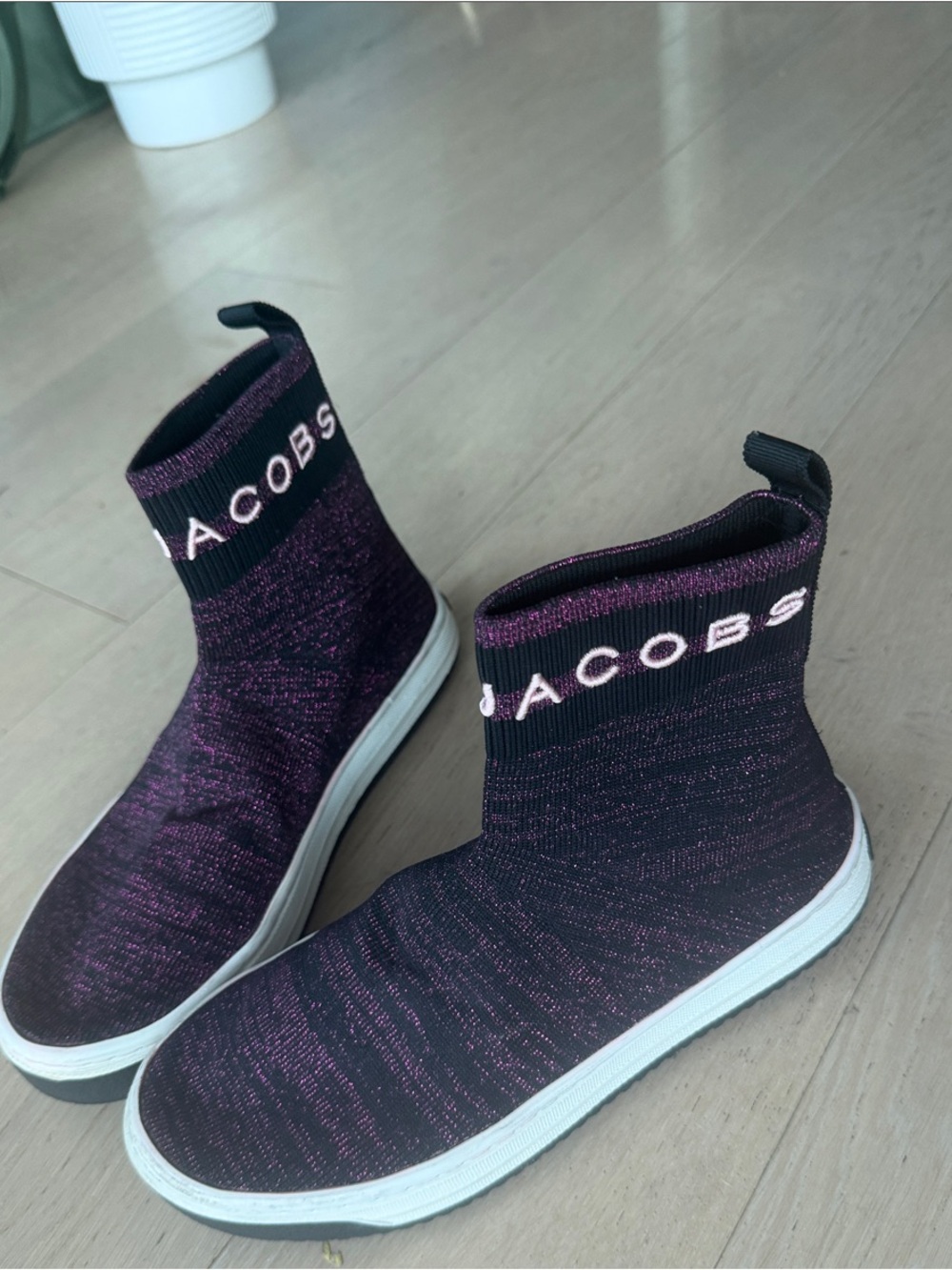 Marc Jacobs Black Knit Sock Sneakers with Metallic Purple Threads